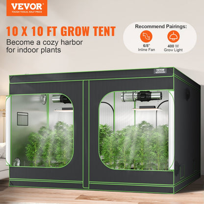 ODDTOOLS 10x10 Grow Tent, 120'' x 120'' x 80'', High Reflective 600D Mylar Hydroponic Growing Tent with Observation Window, Tool Bag and Floor Tray for Indoor Plants Growing