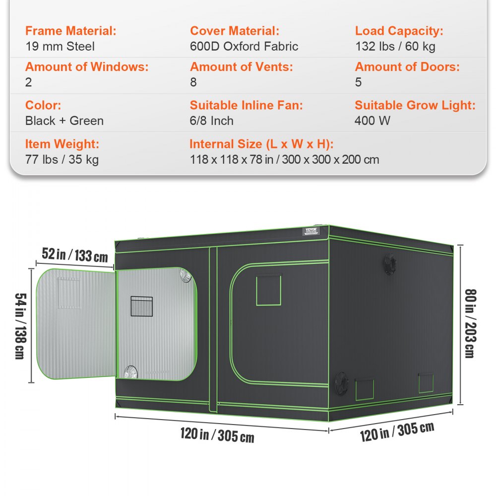 ODDTOOLS 10x10 Grow Tent, 120'' x 120'' x 80'', High Reflective 600D Mylar Hydroponic Growing Tent with Observation Window, Tool Bag and Floor Tray for Indoor Plants Growing